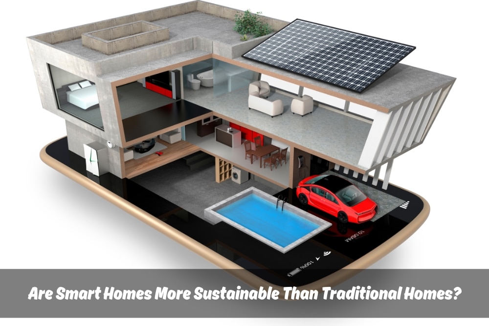 A graphic showcasing the benefits of smart homes. It depicts a smartphone controlling various smart home features like a thermostat, lighting system, and security camera, all connected through a central hub. White text overlay reads "Are Smart Homes More Sustainable Than Traditional Homes?"