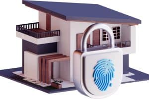 House with a smart lock on the front door. The smart lock has a fingerprint scanner.