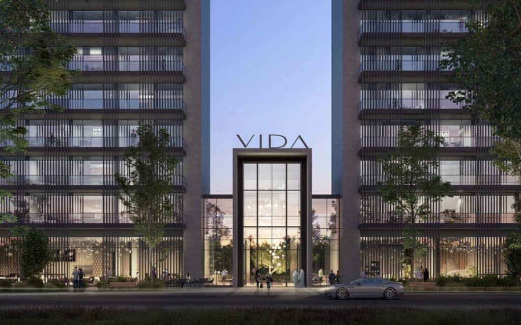 the entrance to the Vida Aljada hotel complex in Sharjah