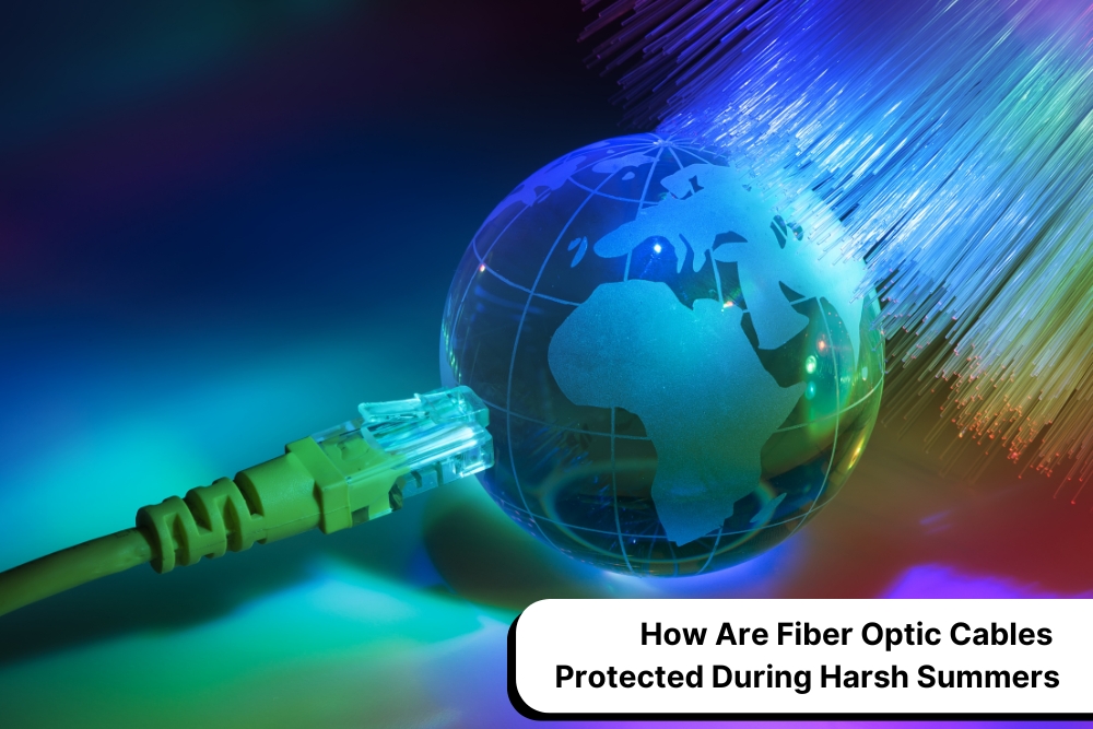 Colorful fiber optic cables shine brightly against a dark background, illuminating a transparent globe with an Ethernet cable connected to it. The image represents global communication and fiber optic cable protection.