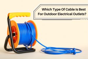 Brightly coloured cable reel with blue cable and yellow handle, promoting the best outdoor cable for electrical outlets in the UAE.