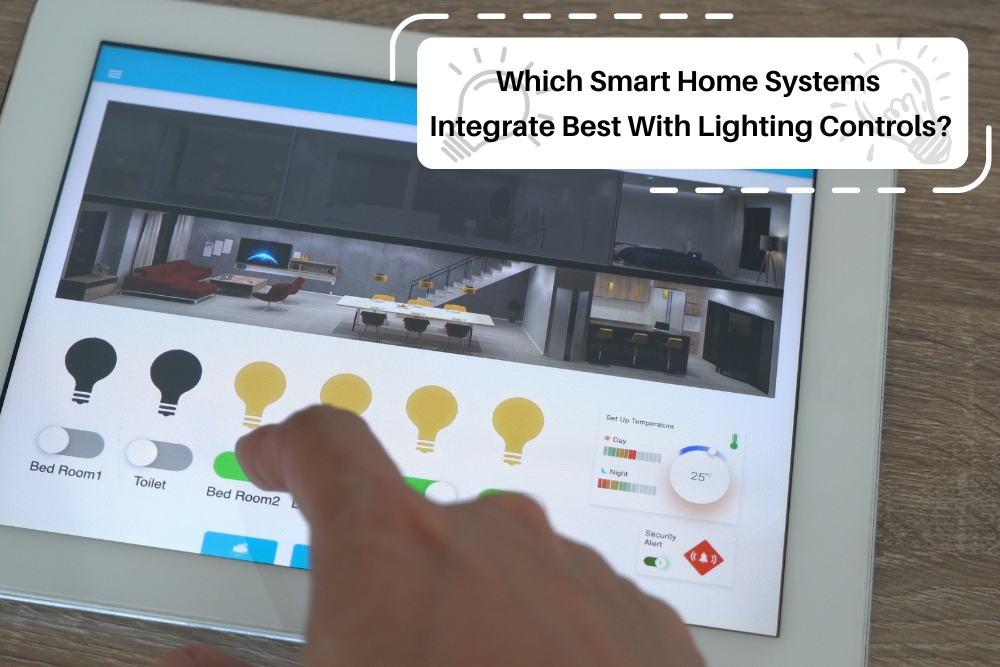 Hand interacts with tablet screen displaying smart home lighting control interface.