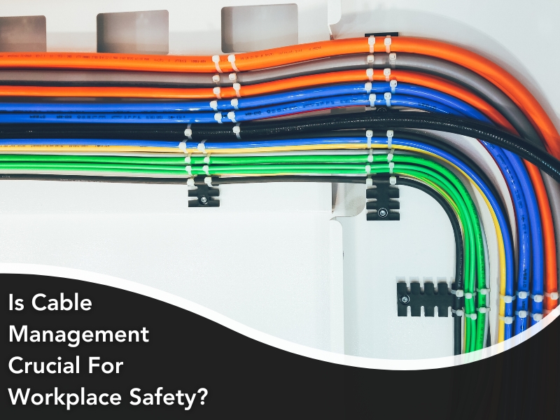 Organized, color-coded cables mounted on a wall illustrating how cable management promotes workplace safety and neatness.