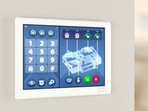 Wireless Security Alarm system control panel with keypad, icons for security zones, and a floor plan.